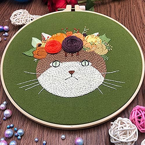 Mozzyyee Embroidery Starter kit, DIY Adult Beginner Embroidery Kits, Including Cloth with Cat Patterns, Colored Threads, Needles, Hoops and Instructions (Green) - Image 3