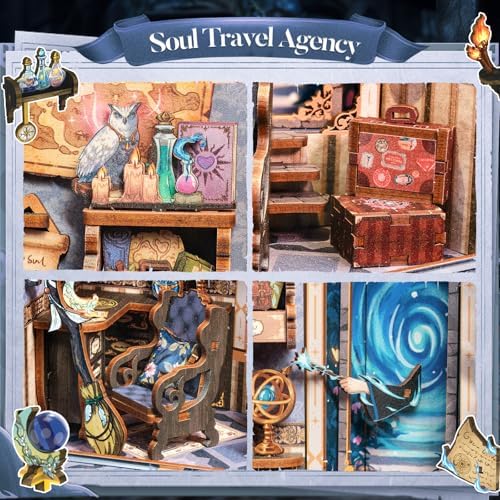 CUTEBEE Book Nook Kit - DIY Miniature House Dollhouse Kit for Adults and Teens, Booknook Tiny House Bookshelf Decor 3D Wooden Puzzle, Gifts for Family Friends (Soul Travel Agency) - Image 6