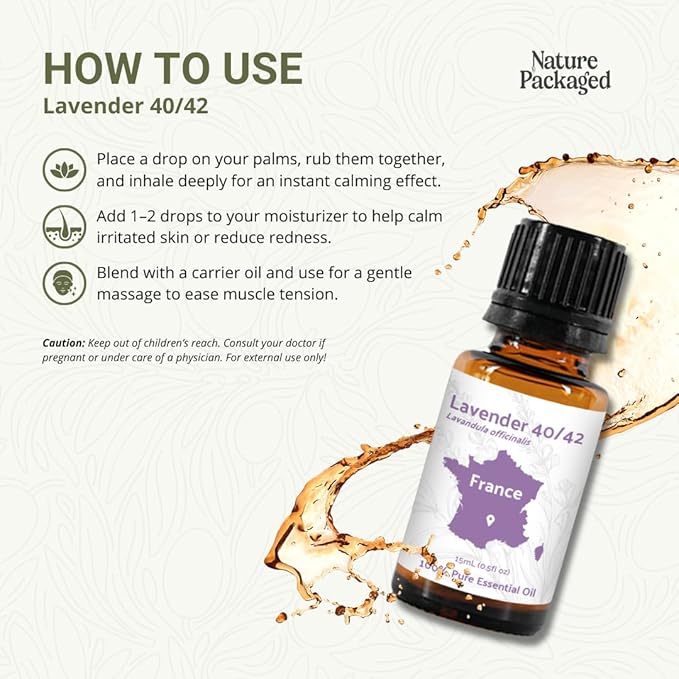 Nature Packaged Lavender 40/42 Essential Oil Direct from France - Essential Oil for Candle Making and Soaps - Pure Lavender 40/42 Oil for Aromatherapy, Skincare, Haircare, Perfumes (8oz)