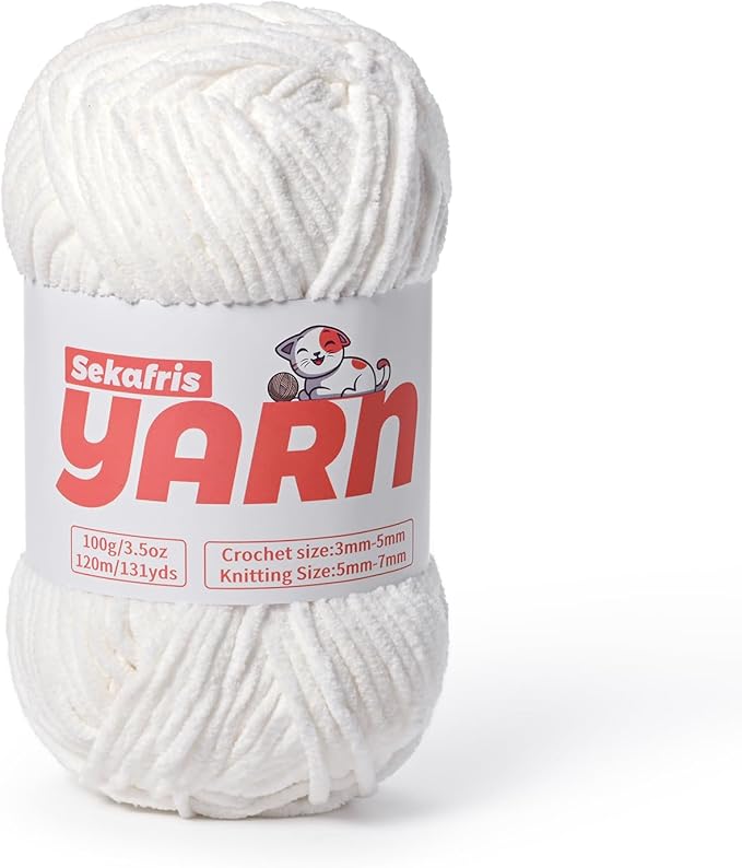 Plush Chunky Chenille Yarn for Crocheting, Soft Fluffy Velvet Yarn for Crocheting, Fuzzy Baby Blanket Knitting Yarns, 100g/131yds Bulky Amigurumi Yarns （Snow White）