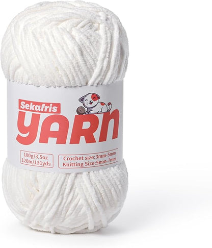 Plush Chunky Chenille Yarn for Crocheting, Soft Fluffy Velvet Yarn for Crocheting, Fuzzy Baby Blanket Knitting Yarns, 100g/131yds Bulky Amigurumi Yarns （Snow White）