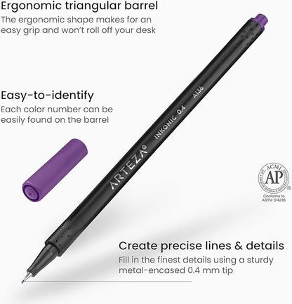 ARTEZA Inkonic Fineliners Pens, Set of 48, 0.4 mm Fine Tip Markers, Water-Based Art Pens for Drawing, Sketching, Journaling, Calligraphy