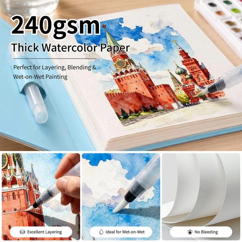 Watercolor Coloring Book for Adults, 2-Pack Watercolor Workbook Kit for Beginners with 24 Colors, 2 Water Brushes, 32 Pages, 240gsm Thick Watercolor Paper, Stress Relief Art Gift (Travel & Animal) - Image 4