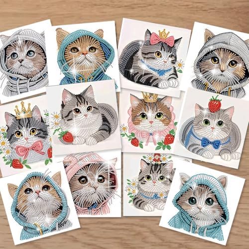 jinglinhh 12pcs Diamond Art Painting Hat Kitten Greeting Cards with Envelopes, DIY Card Making Kits for Adults, Diamond Art Christmas Cards for Birthday Holiday Gifts - Image 7
