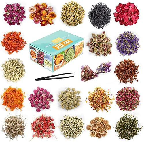 20 Bags Dried Flowers,100% Natural Dried Flowers Herbs Kit for Soap Making, DIY Candle Making,Bath - Include Rose Petals,Lavender,Don't Forget Me,Lilium,Jasmine,Rosebudsand More by SACATR