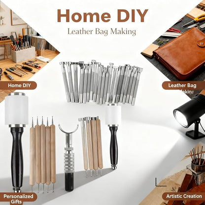Leather Working Tools Set 28PCS, DIY Leather Craft Stamping and Carving Kit, Wood and Nylon Handle - Complete Leather Crafting Kit, Comfortable Grip, Ideal for Beginners and