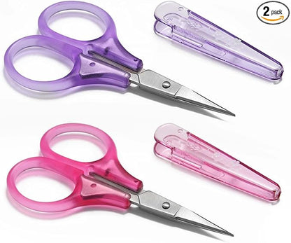 Small Craft Scissors, 3" Tiny Travel Scissors Tsa Compliant with Cover, Sharp Scissors all Purpose, Straight Fine Tips Mini Sewing Scissors Set, Precision Detail Paper Cutting, Pink/Purple