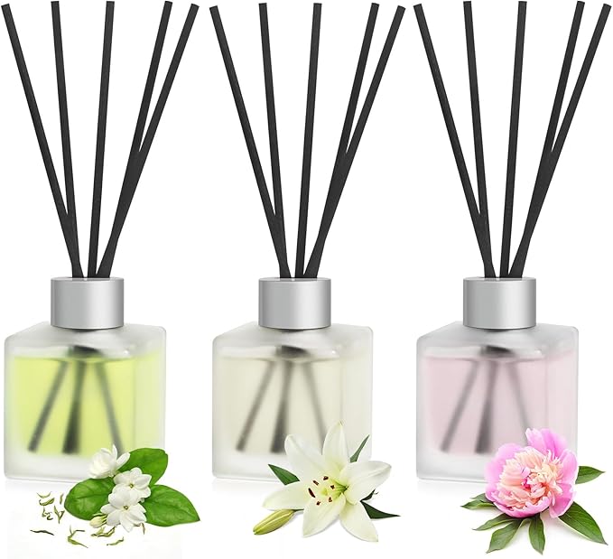 Aeeteek 3-Pack Reed Diffuser, Jasmine White Tea/Lily/Peony Scented Oil, Flower Aroma Essential Oil with Diffuser Sticks, Long Lasting Bathroom Air Freshener, Home Fragrance for Room Decor