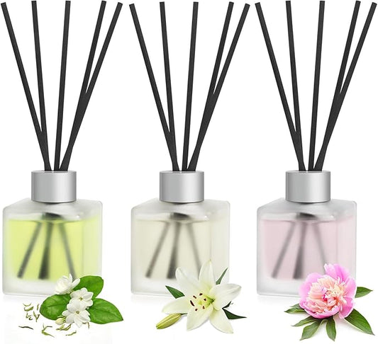 Aeeteek 3-Pack Reed Diffuser, Jasmine White Tea/Lily/Peony Scented Oil, Flower Aroma Essential Oil with Diffuser Sticks, Long Lasting Bathroom Air Freshener, Home Fragrance for Room Decor