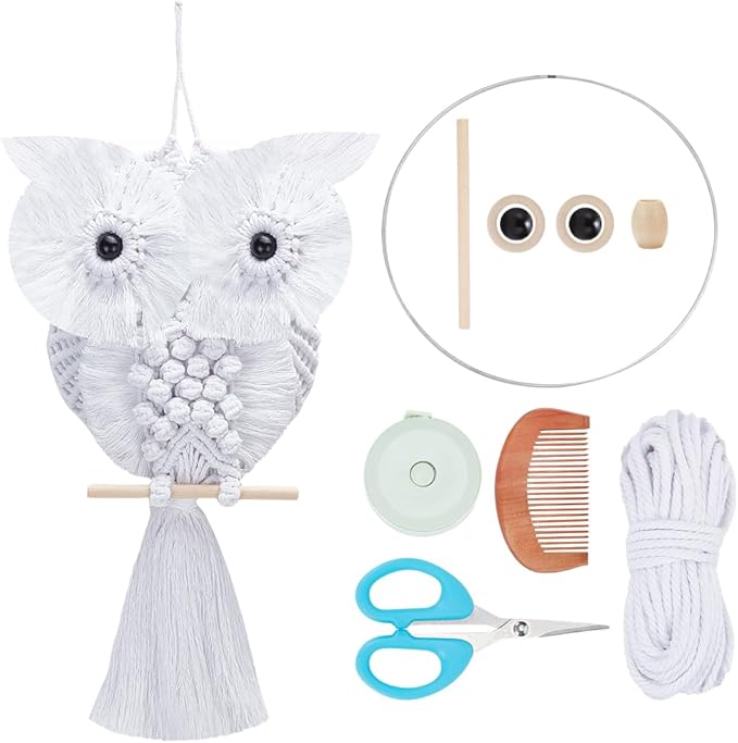 FREEBLOSS DIY Macrame Owl Kit with Instructions Macrame Wall Hanging Ornament Boho Wall Hanging Decor Pure White Macrame Tapestry Gift Macrame Kit for Beginners