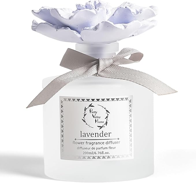 Pretty Valley Home Reed Diffuser Sets, 6.76 Fl. Oz / 200ML Ceramic Diffuser Flower Gift Box, Home Reed Diffuser for Bathroom Office Bathroom Living Room Decor (Lavender Purple)