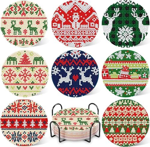 DOTZSO 8 Pcs Christmas Diamond Painting Coasters with Holder Diamond Art Coasters for Beginners Adults & Beginner Diamond Art Kits for Adults Craft Supplies by DOTZSODiamondPainting