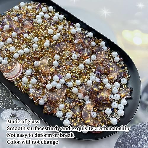 Assorted Glass Beads for Jewelry Making Multi Size Colors Glass Star Moon Seed Pearl Spacer Beads for Bracelets Necklace Earring Making(White Brown) - Image 3
