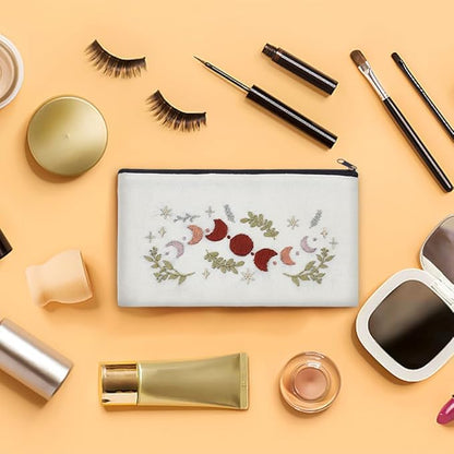 WEBEEDY 3 Sets DIY Embroidery Zipper Pouch Kit Include Moon Pattern,Embroidery Hoop,Color Threads and Tool for Beginners,Handmade Sewing Canvas Makeup Bag Cosmetic Bag for Adults