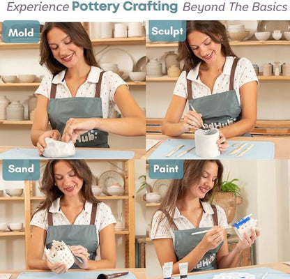 Pottery Kit for Beginners, 4.4LBS Air Dry Clay for Adults with Sculpting Tools, Paint, Glaze, 2kg Air-Dry Modeling Clay | Molding, Sculpt & Painting Set, Hobby Date Night DIY Art Craft Kits (White)