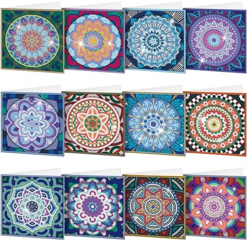 Saillong 12 Pack Mandala Diamond Painting Greeting Card Kits DIY Diamond Art Cards with Envelopes Flower 5D Rhinestones Painting Kits for Adults DIY Crafts Family Friend Birthday Gifts by Saillong