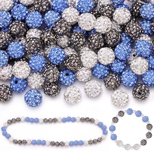 90pcs 10mm Rhinestone Beads for Jewelry Making, Hematite+White+Light Blue Shiny Round Shamballa Disco Beads, Sparkle Crystal Clay Christmas for Bracelet Baseball Necklace Earring and DIY by TINKRSTUFF
