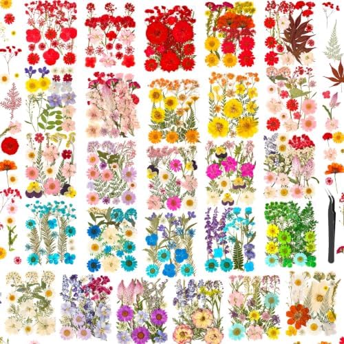470 PCS Pressed Flowers for Crafts, Real Natural Dry Flowers with Tweezers Dried Pressed Flowers Dry Leaves Bulk for Resin, Scrapbook, Jewelry, Card, Candle & Soap Making by Cruzix