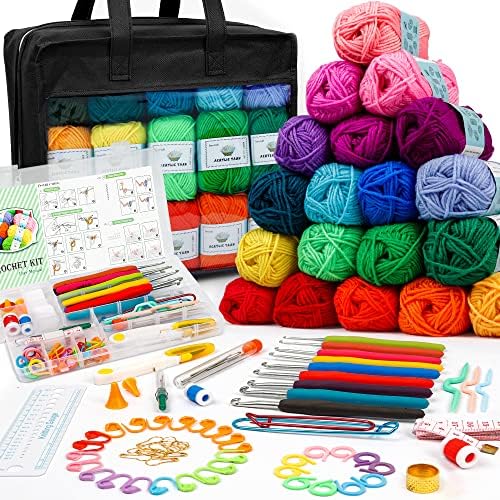 103 PCS Crochet Kit with Crochet Hooks Yarn Set, Premium Bundle Includes 1650 Yards Acrylic Yarn Skeins Balls, Needles, Accessories, Bag, Ideal Starter Pack for Kids Adults Beginner Professionals by INSCRAFT