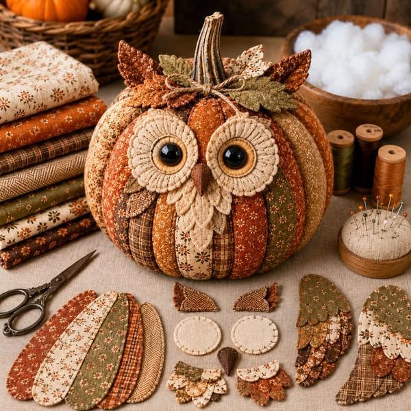 DIY Animal Pumpkin Sewing Kit,Harvest Fabric Animal Pumpkin Craft Set for Adults Beginners,Autumn Thanksgiving Home Ornament Craft Kit,Hand Sewing Decor (Owl) - Image 3