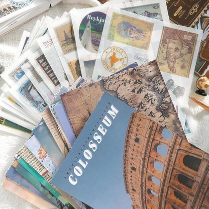 Prstincol Vintage Aesthetic Washi Stickers and Papers for Scrapbooking, 50 Sheets Ephemera Book for Art Journaling with Retro Global Travel Theme Stickers and Decoupage Papers for Junk Journal