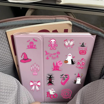 50PCS Cute Pink Halloween Stickers – Kawaii Ghosts, Pumpkins, Cats, Witch Hats, Skull & Trick or Treat Vinyl Decals for Scrapbook, Planner, Journal, DIY Crafts, Laptop, Water Bottle Decoration