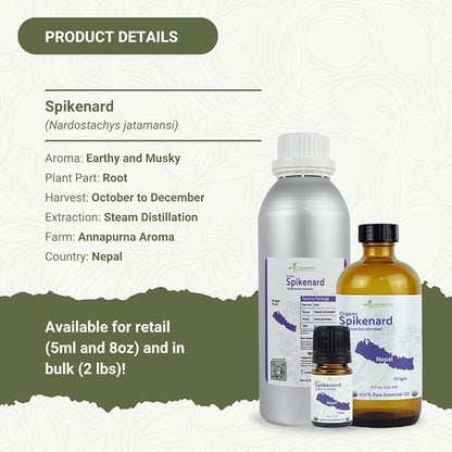 Nature Packaged Organic Spikenard Essential Oil - Direct from Annapurna Aroma Nepal - Steam Distilled - Aceite de Nardo for Aromatherapy, Massage, Diffuser, DIY Candle and Soap Making - 5ml