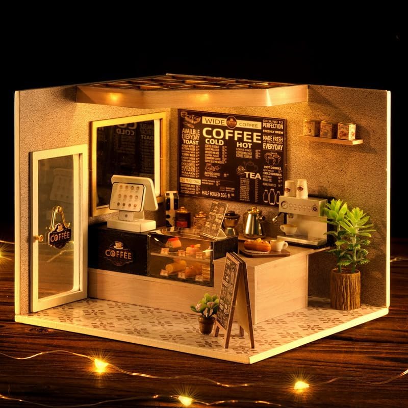 CUTEROOM DIY Miniature House Kit - Mini Craft Rooms for Adults with LED Lights, Realistic Mini Dollhouse Kit Building Model Kit, Creative Home Decor Gift- Leisure Coffee Shop - Image 3