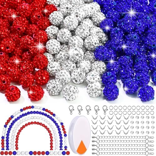 Dowarm 255PCS 10mm Rhinestone Beads for Baseball Rhinestone Necklace Bracelet Jewelry Making, Round Polymer Clay Beads for Crafts Beaded Pens, DIY Shamballa Pave Disco Diamond Bead, White|Red|Blue by Dowarm