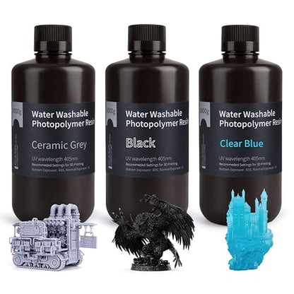 ELEGOO Water Washable 3D Printer Resin LCD UV-Curing Resin 405nm Standard Photopolymer Resin for Mars Saturn Jupiter MSLA DLP LCD 3D Printing, Grey + Black + Clear Blue (3KG)
