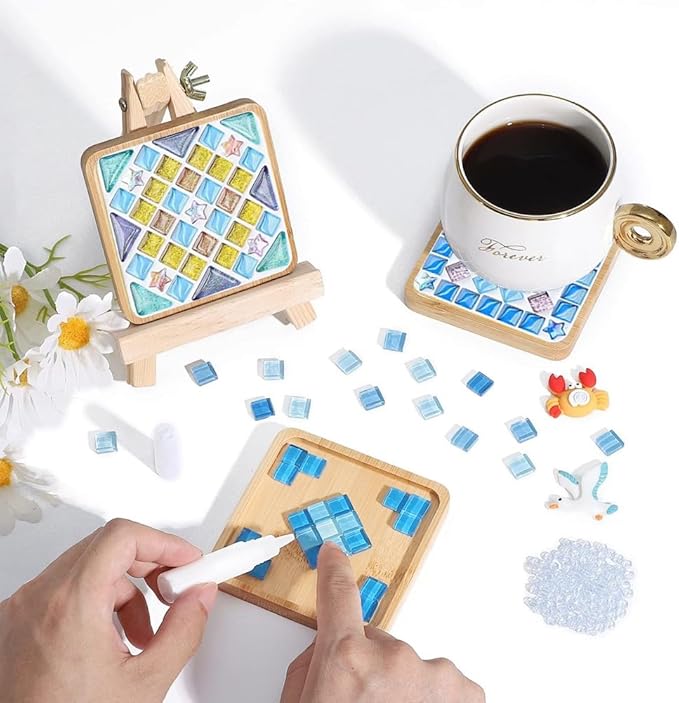 kuchisity 10 Set DIY Glass Mosaic Tiles for Crafts, Mixed Color Mosaic Kits with Wooden Coasters for Adults Bamboo Coaster for Creative Handmade Drinks Home Decoration