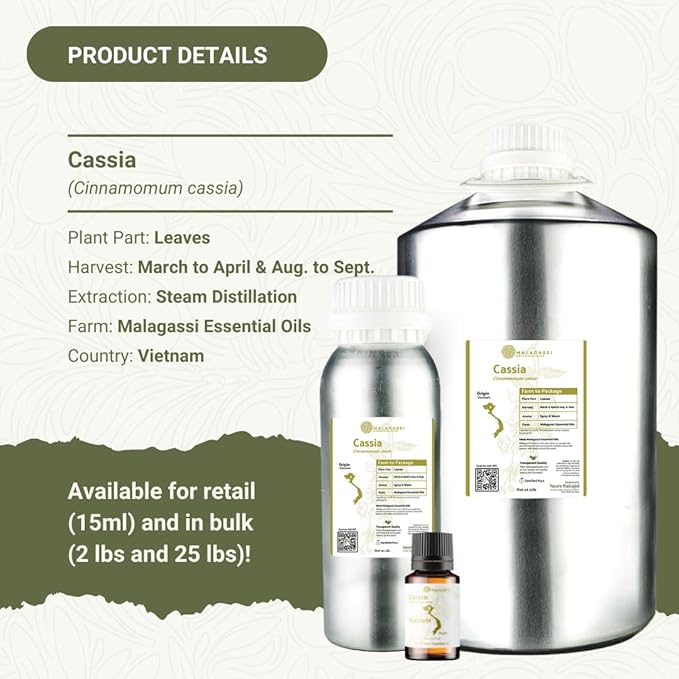 Nature Packaged Cassia Essential Oil - Direct from Vietnamese Mountain Farms - Steam Distilled - Aceite de Casia for Aromatherapy, Massage, Diffuser, DIY Candle and Soap Making - 15ml