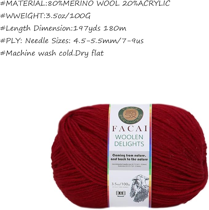 Facai Blend Merino Wool Yarn for Knitting - Worsted Weight,197yds (3.5oz) Ball, Ideal for Sweaters, Scarves, and Accessories (1, Red)