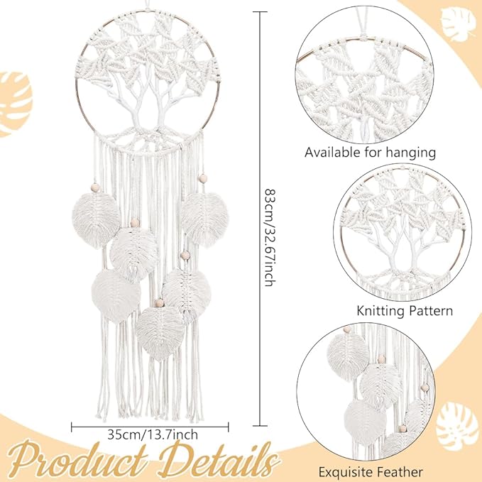 ACRNIGHEET Tree of Life Dream Catcher Macrame Kit for Adults Beginners Macrame Leave Wall Hanging Decor with Video Tutorials Handmade Woven Boho Home Decor for Bedroom Dorm Decoration(Beige Series)