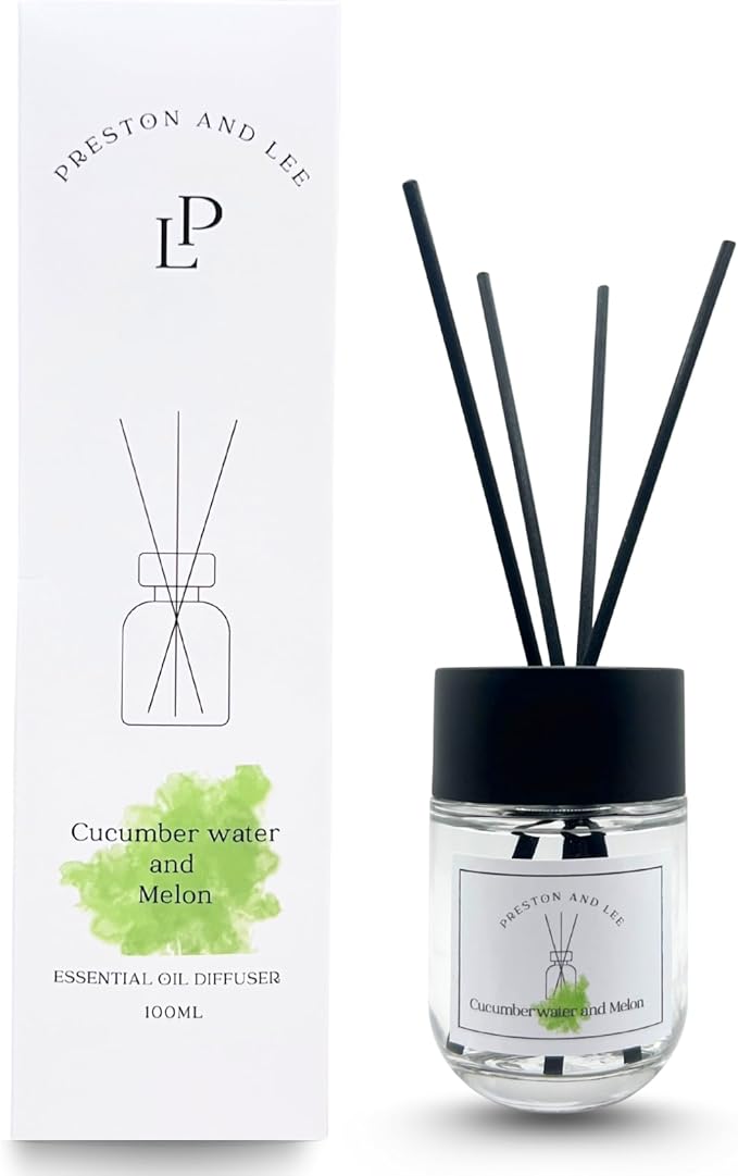 Preston and Lee Reed Diffuser Set | 100 ml (3.4 fl oz) Cucumber Water and Melon Scent | Reed Diffuser Set | Aromatherapy Diffusers | Natural Reed Diffuser Oil for Home and Spa Fragrance