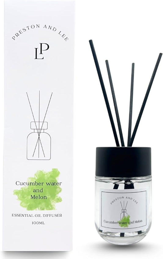 Preston and Lee Reed Diffuser Set | 100 ml (3.4 fl oz) Cucumber Water and Melon Scent | Reed Diffuser Set | Aromatherapy Diffusers | Natural Reed Diffuser Oil for Home and Spa Fragrance