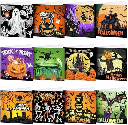 Saillong 12 Pack Halloween Diamond Painting Greeting Card Kits DIY Diamond Art Cards with Envelopes Bat Black Cat Pumpkin 5D Rhinestones Painting for Adults DIY Craft Family Friend Halloween Gifts by Saillong