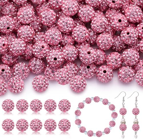 105pcs 10mm Rhinestone Beads for Jewelry Making, Dark Pink Shiny Round Disco Ball Beads Bulk, Sparkle Crystal Clay Christmas for Bracelet Baseball Necklace Earring Crafting and DIY by TINKRSTUFF