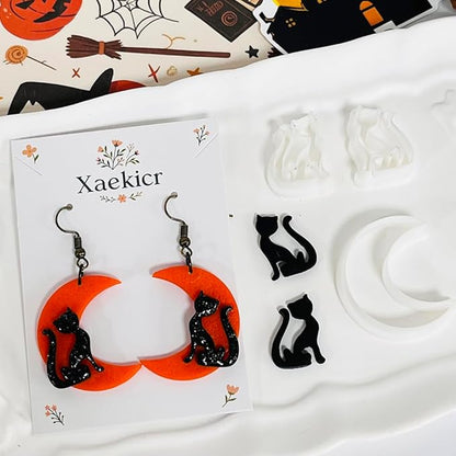 Xaekicr Halloween Moon and Cat Polymer Clay Cutters Set – 3Pcs Clay Earring Cutters for Halloween Earrings Making – Polymer Clay Molds and Tools for Jewelry DIY