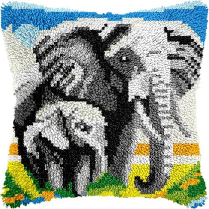 veirousa Elephant Latch Hook Kits for Adults, Beginners DIY Hooked Pillow Kit Pre-Printed Pillowcase Hook and Latch Rug Kits Cross-Stitch Cushion Cover for Home Sofa Decoration 17x17 inch by VEIROUSA