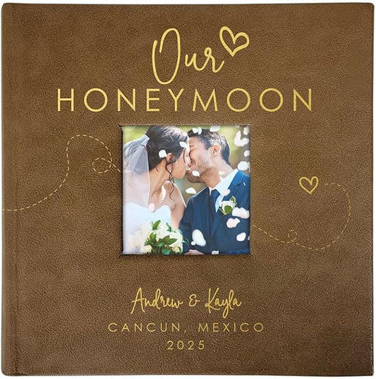 Personalized Photo Album For Newlyweds, Holds 200 4" x 6" Photos, Engraved Our Honeymoon Leatherette Photo Album, Gift For Her, Brown Photo Scrapbook, Photo Keepsake