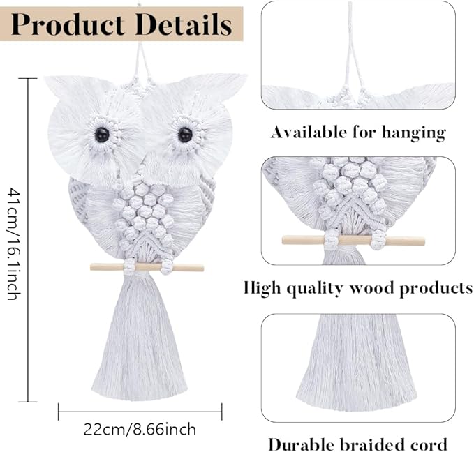 FREEBLOSS DIY Macrame Owl Kit with Instructions Macrame Wall Hanging Ornament Boho Wall Hanging Decor Pure White Macrame Tapestry Gift Macrame Kit for Beginners