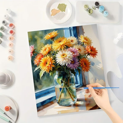 Floral Still Life Paint by Numbers Kit for Adults - DIY Colorful Gerbera Daisies in Jar by Window Painting on Canvas 16x20 Inches, Acrylic Paint Set for Beginners, Art for Home Decoration or Gifts - Image 3