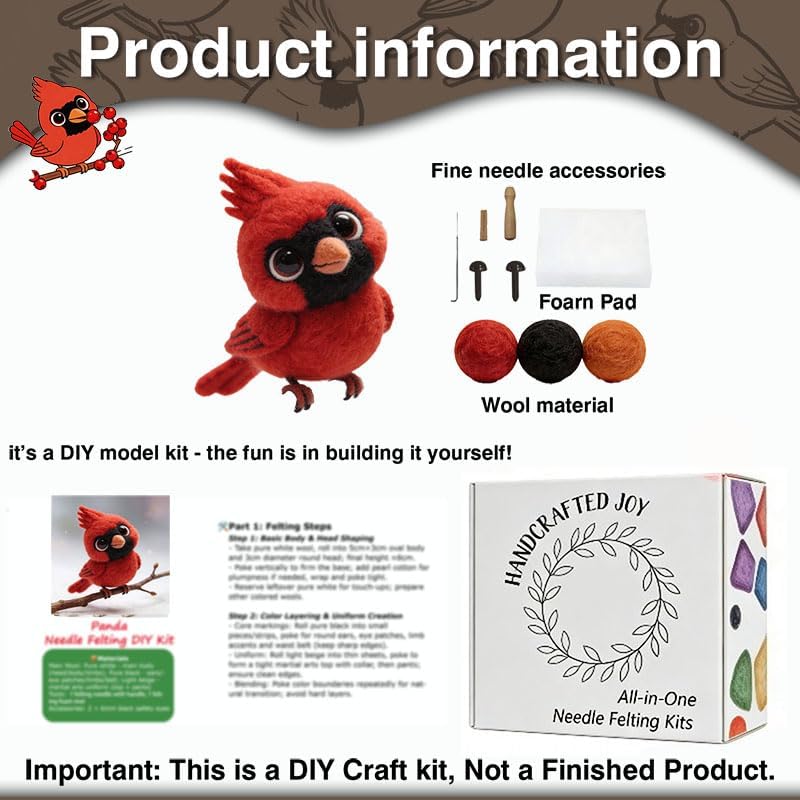 DIY Needle Felting Kit Cute Red Cardinal Bird on Branch – Needle Felting Starter Kit with Fiber Roving, Needles, Felting Pad & Instructions | Felted Bird Kit for Beginners Adults | DIY Craft Gift - Image 3