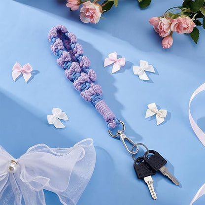 FREEBLOSS 6 Set Macrame Bow Wristlet Kit Boho Keychains DIY Macrame Kit with 60m Cotton Cord Beginners Bow Wrist Lanyard Keychain Bracelet for Charm