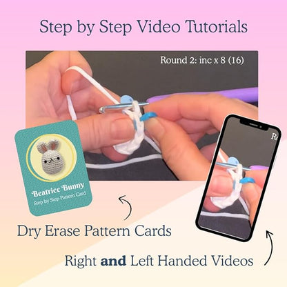 KelliDream Learn to Crochet Kit for Beginner Adults with Magic Circle Tool; Step-by-Step Video Tutorials; All Supplies to Make Cute Amigurumi (Bunny)