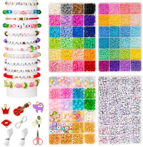 Goldwise Friendship Bracelet Kit - 4 Boxes, 48 Colors Clay & 4mm Seed Beads, Letter Beads, Charms for Jewelry & Bracelet Making for Gifts & Parties by Goldwise