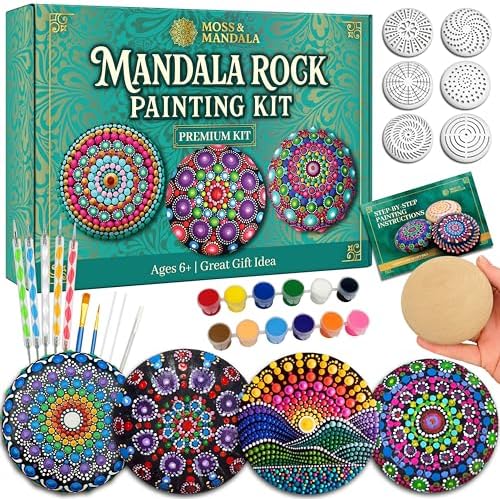 Mandala Rock Painting Kit – Mandala Dotting Tools Set - 5 Large Wooden Rocks + 6 Stencils + Acrylic Paints - Relaxing Arts and Crafts for Adults Women - DIY Hobbies Art and Projects Dot Art Kit by WOOODLIFY