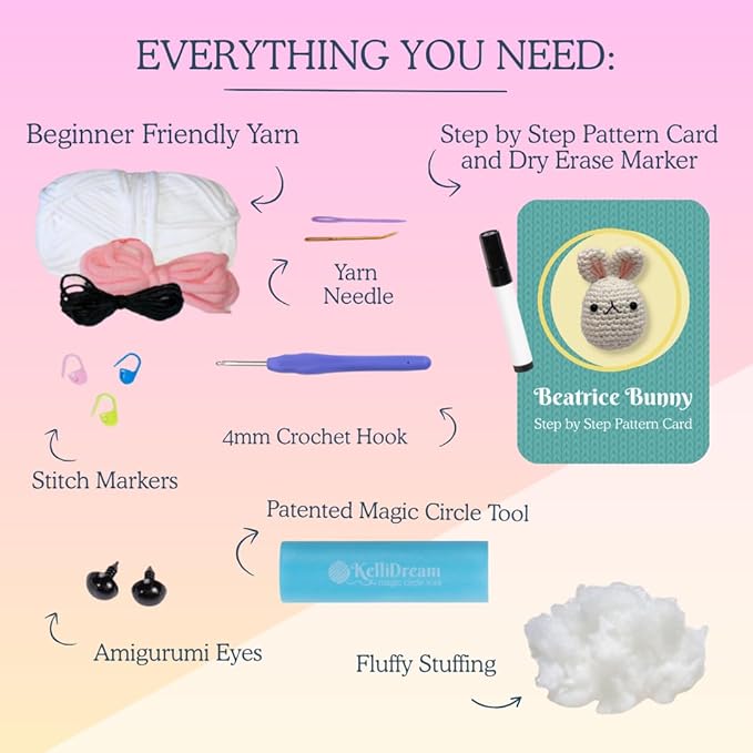KelliDream Learn to Crochet Kit for Beginner Adults with Magic Circle Tool; Step-by-Step Video Tutorials; All Supplies to Make Cute Amigurumi (Bunny)