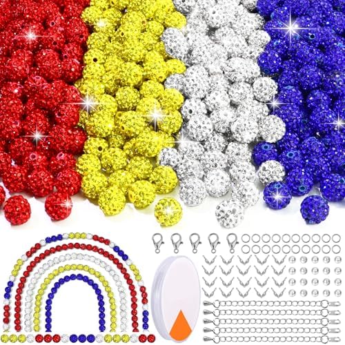 Dowarm 255PCS 10mm Rhinestone Beads for Baseball Necklace Bracelet Jewelry Making, Round Rhinestone Clay Beads for Craft Beaded Pen, Shamballa Pave Diamond, Yellow|Red|Blue|White by Dowarm